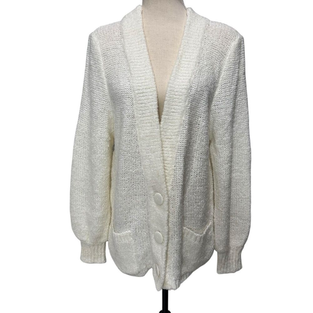Cozy Grandma Style Solid White Women's Button Up Cardigan Sweater size L pockets - Picture 10 of 10